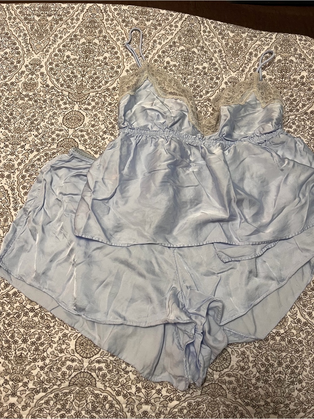 aerie Light Blue Satin Lace-Trim Cami & Shorts Set